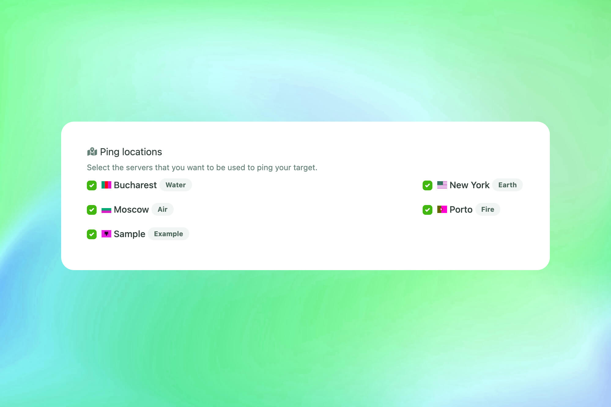 Captura de tela do recurso de ping de servidores do aplicativo